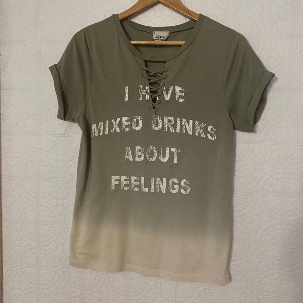 Tan and Green Graphic Tee with Cuffed Sleeves